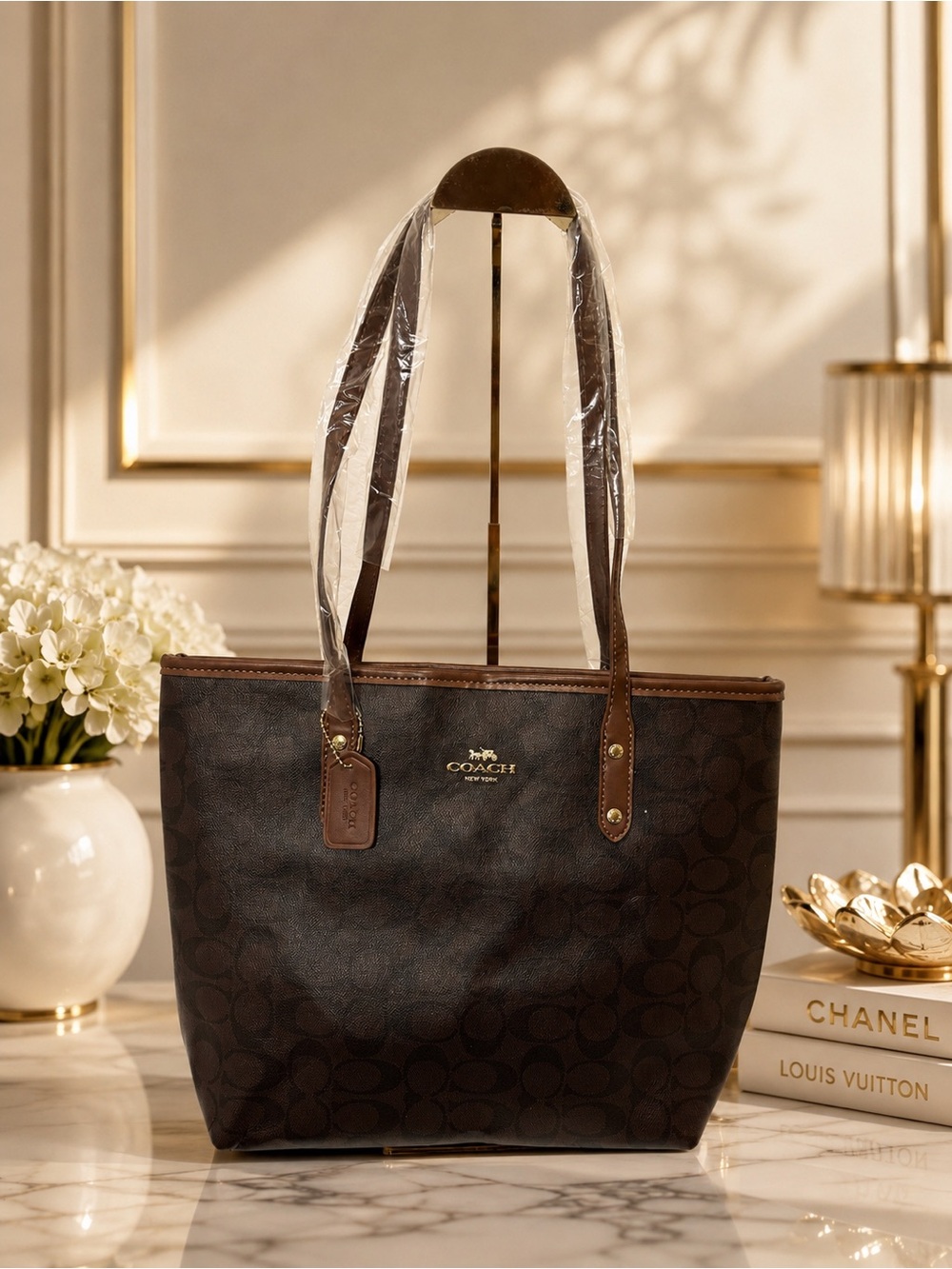 Coach Dark Brown Signature Canvas Tote with Leather Trim